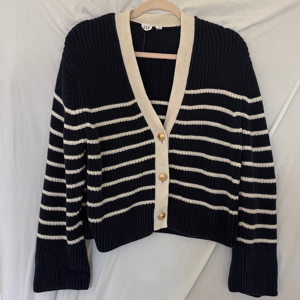 GAP Navy and Cream Striped Cardigan size large - Picture 2 of 7